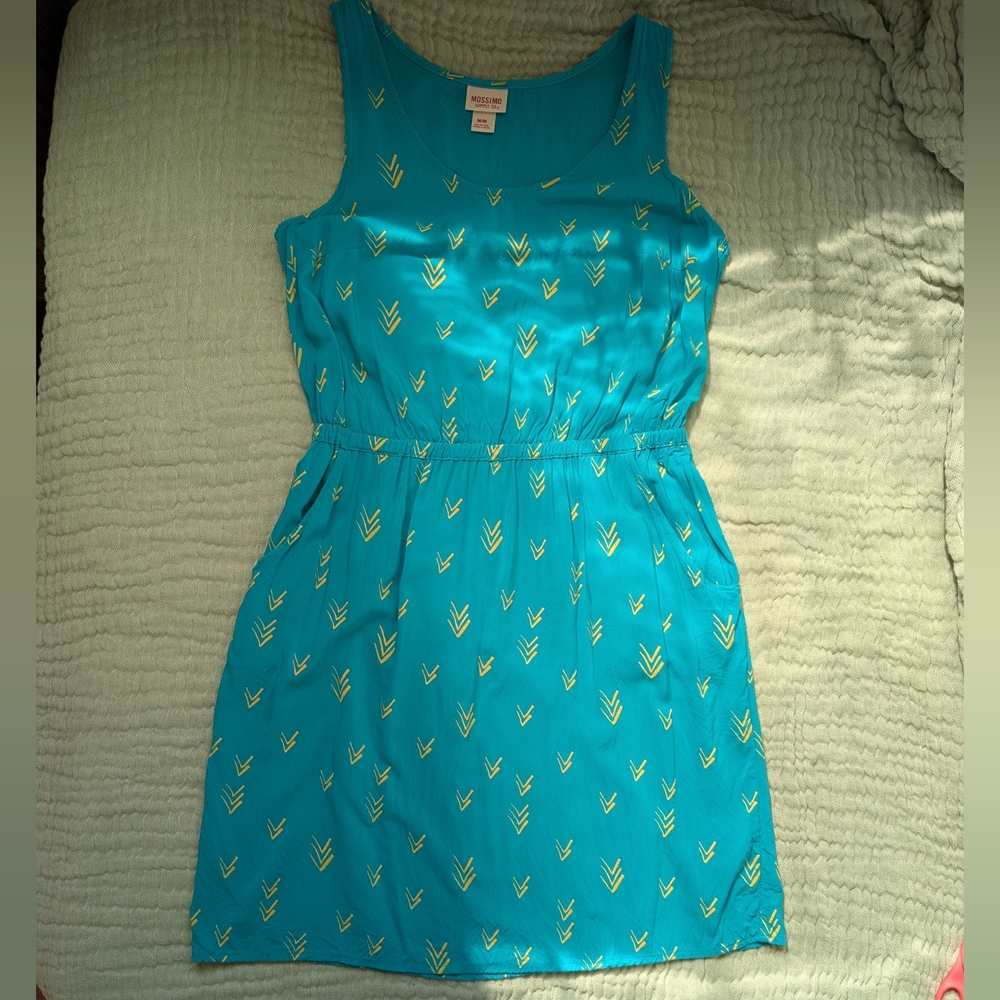 Teal Sundress with Yellow Accents, Pockets, and Cut-out Back - M